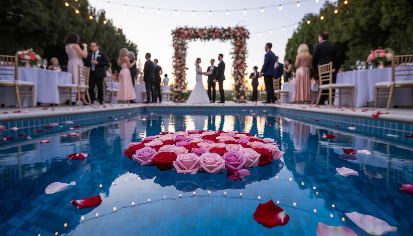 Wedding ceremony with floating rose arrangement in pool